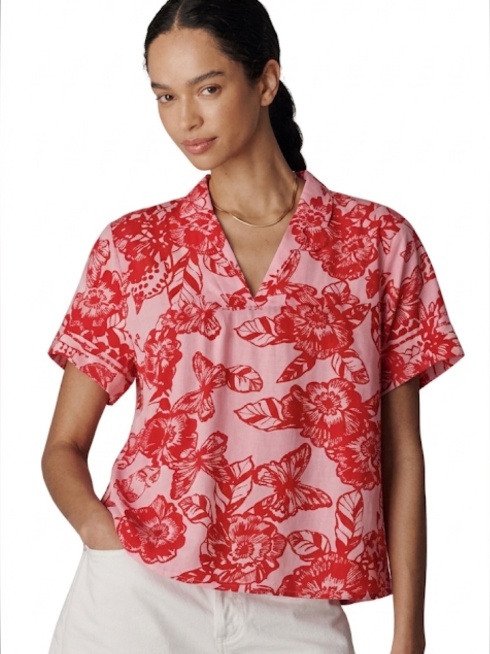 Anthropologie Vineet Bahl Inge Embroidered Floral Blouse S Pink Red Butterflies